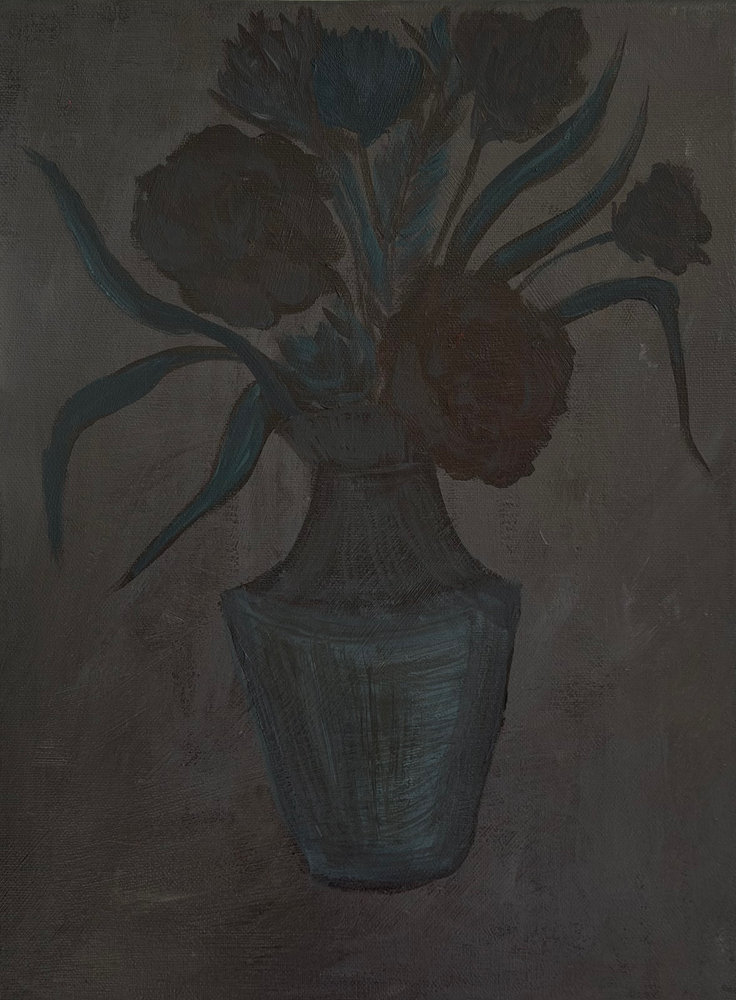 Acrylic painting of wilted flowers in a vase with deep red and dark tones against a muted background