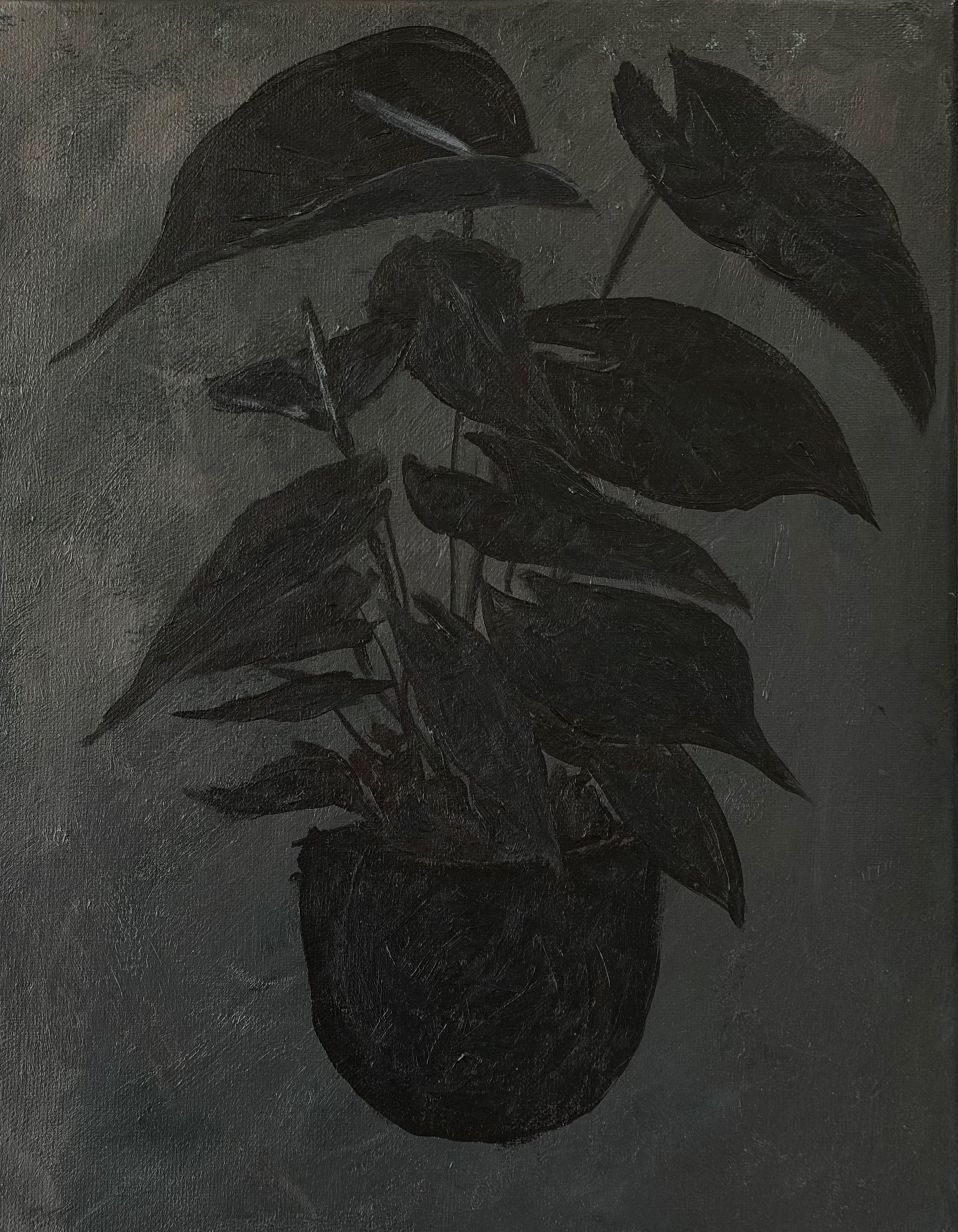 Monochromatic acrylic painting of dark, layered leaves arranged vertically on a muted gray background