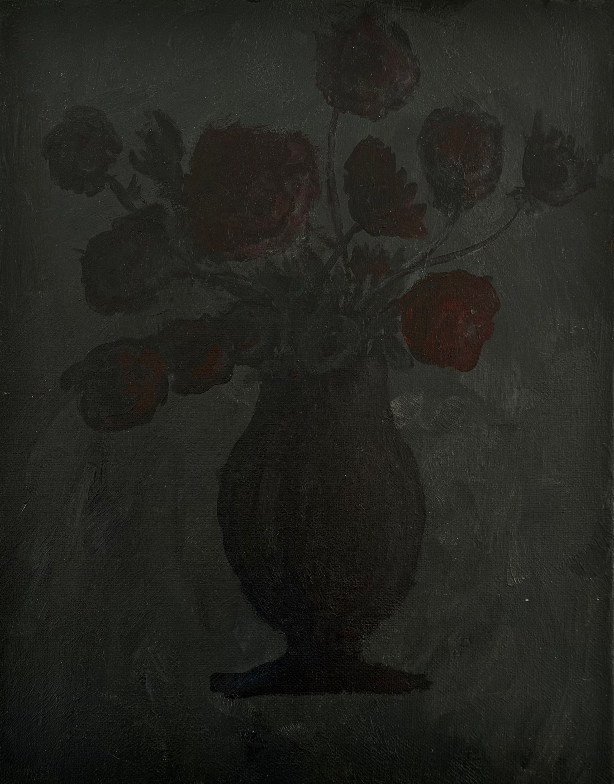 Dark acrylic painting featuring a vase of roses with deep red blooms emerging from shadow against a muted gray background.