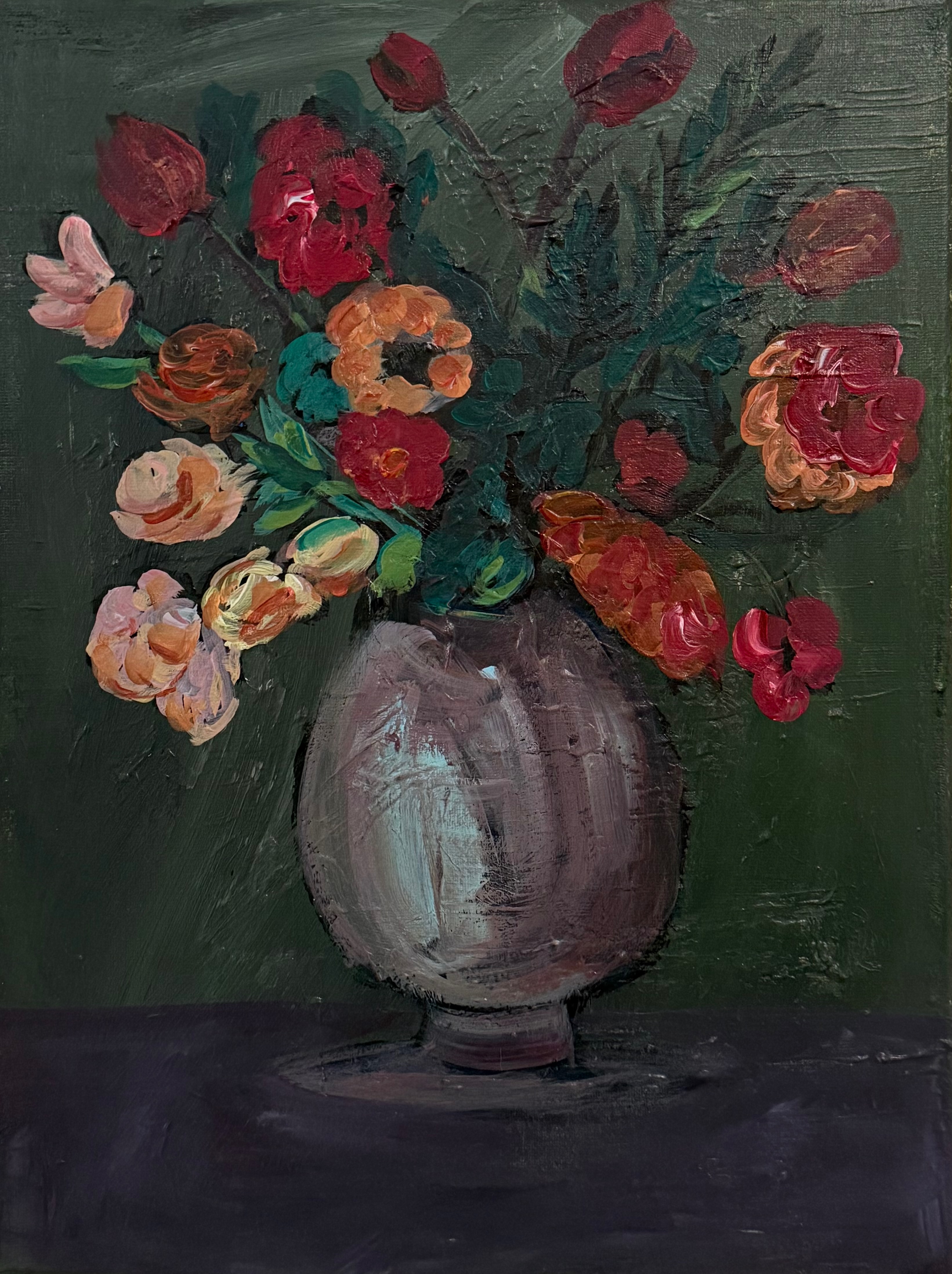 Acrylic painting of red, pink, and orange roses arranged in a dark purple vase against a dark green background.