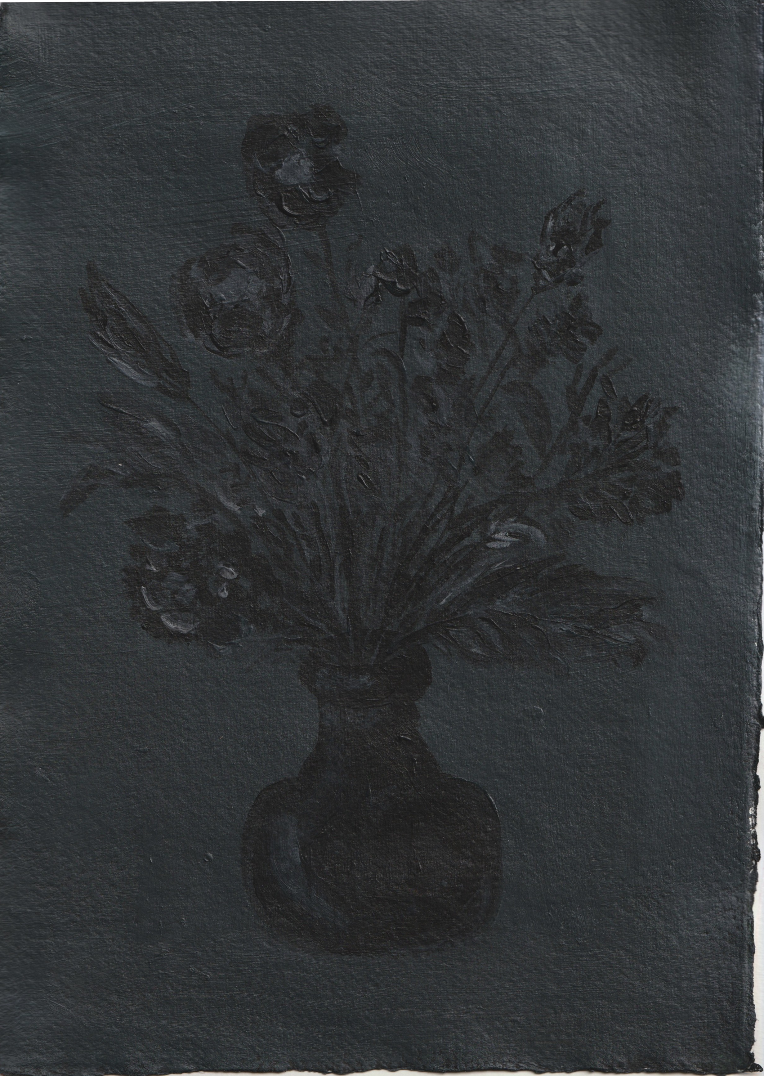 Dark botanical illustration of black flowers in a vase, rendered in muted tones on textured paper