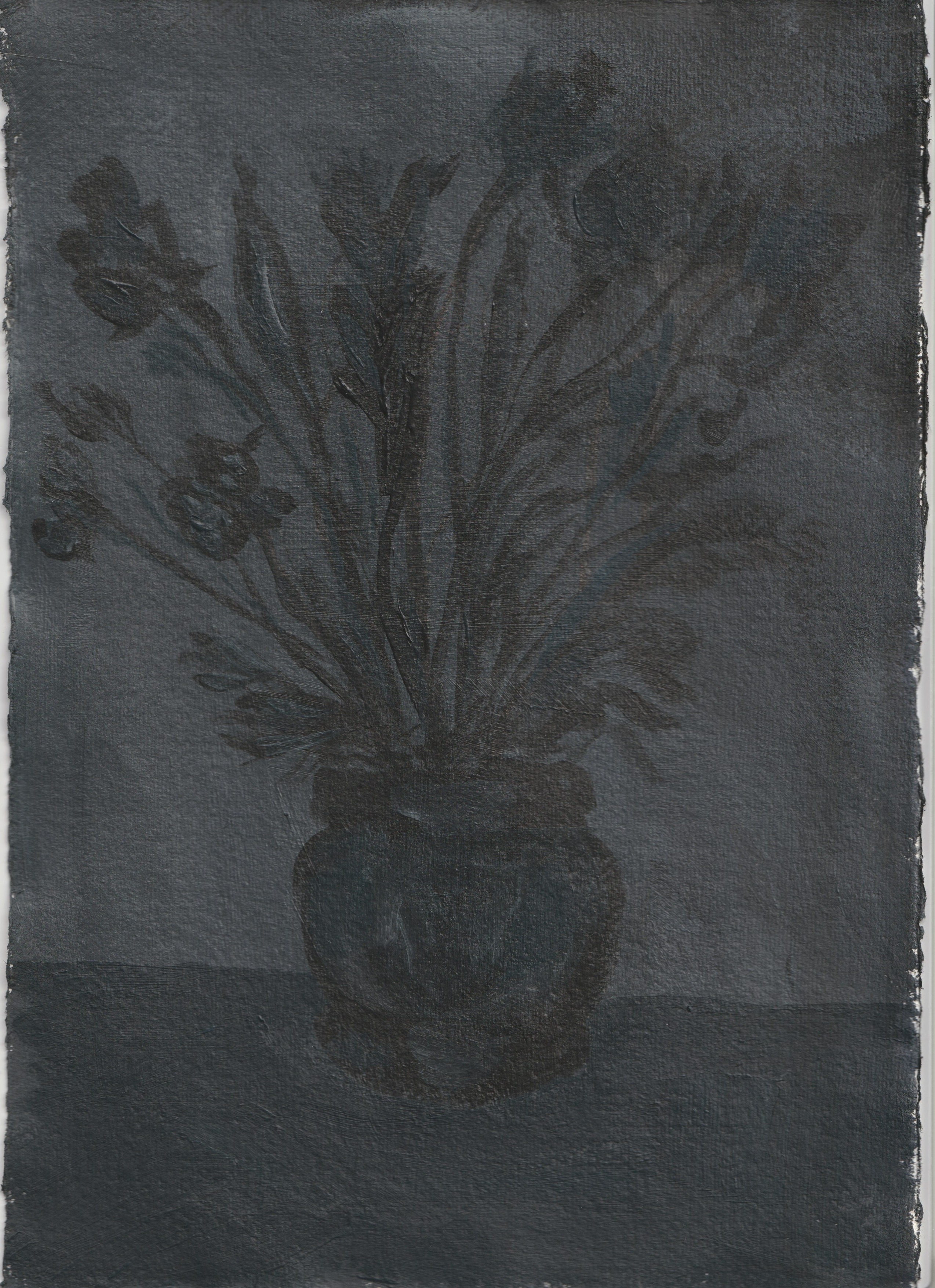 Dark monochromatic painting of flowers in a vase, rendered in black acrylic and ink on textured paper
