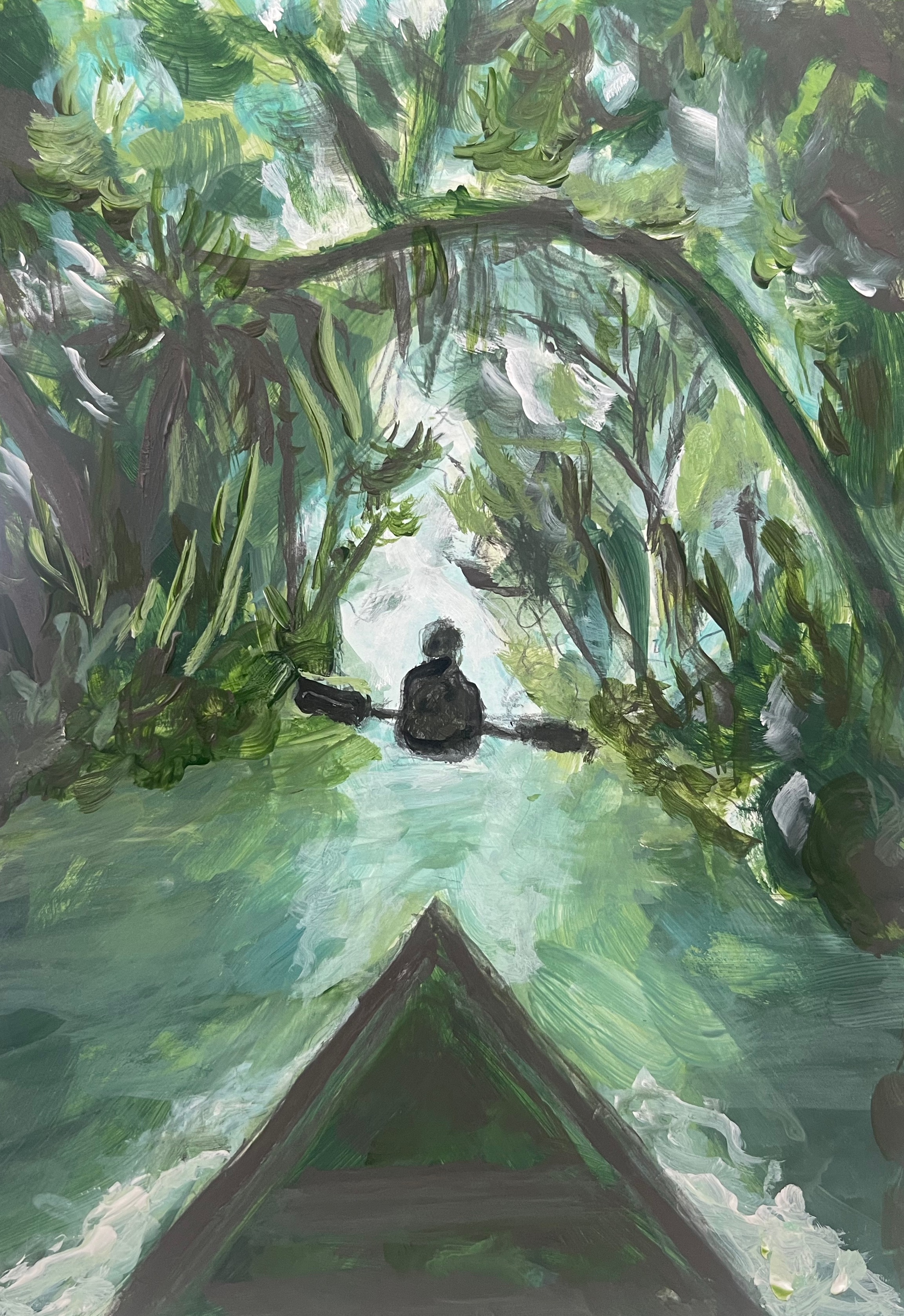 A figure in a small boat navigates a lush, verdant waterway framed by overhanging foliage and dappled light filtering through leaves.