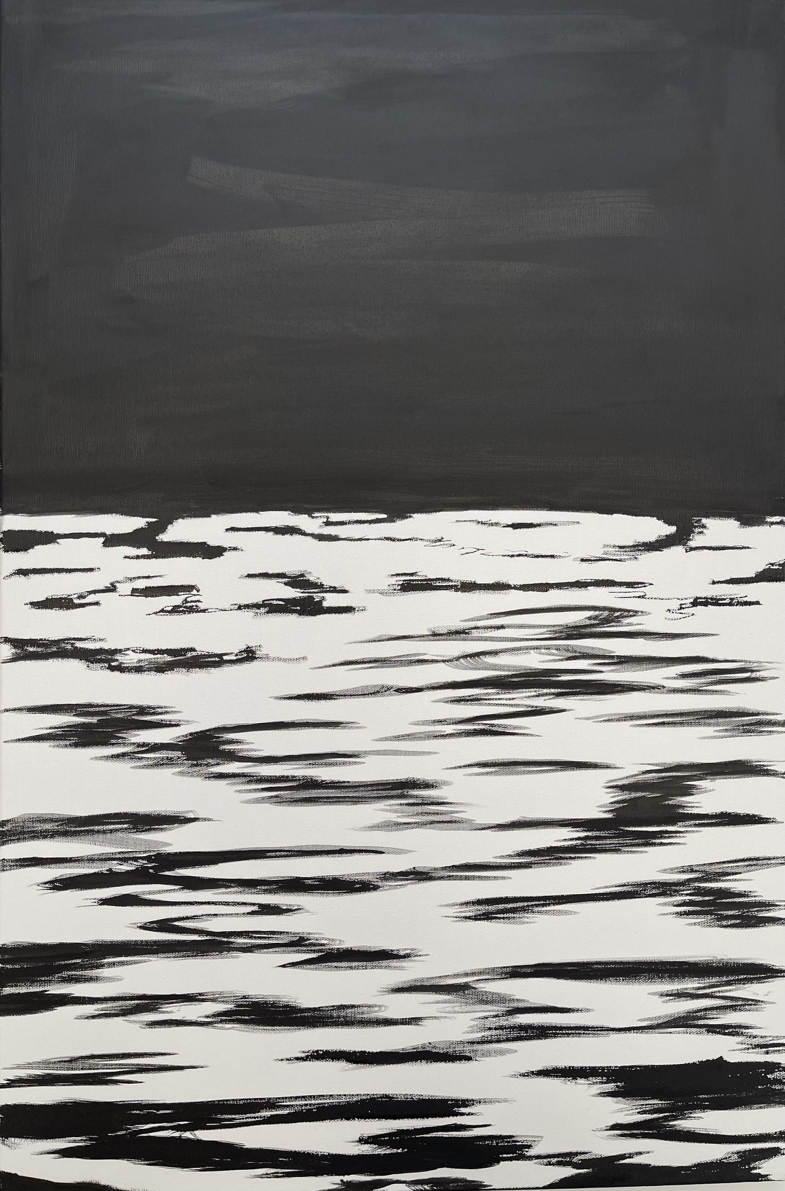Abstract painting with dark gray upper section and white lower section featuring dynamic black horizontal brushstrokes and marks.
