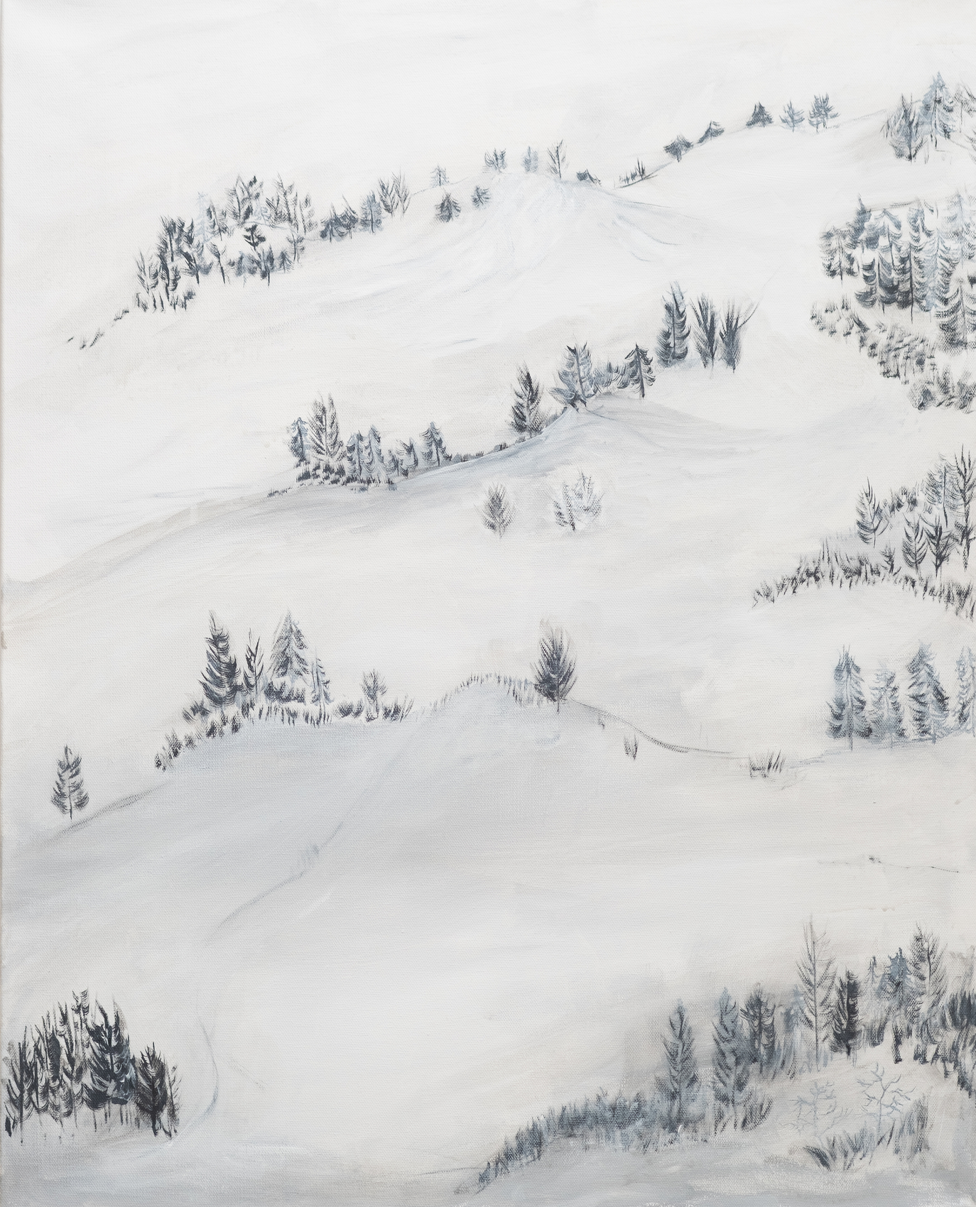 Aerial view of snow-covered rolling hills with scattered evergreen trees and forest clusters, rendered in grayscale acrylic.