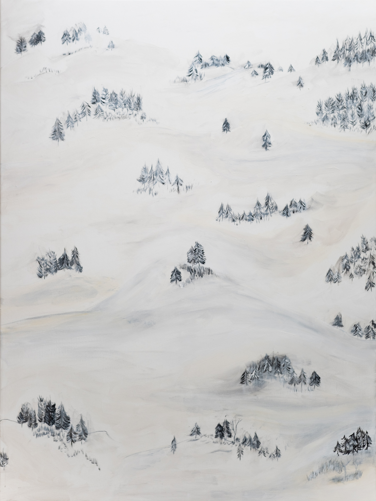 Aerial view painting of snow-covered mountainous terrain with scattered dark evergreen trees creating abstract patterns across white landscape.