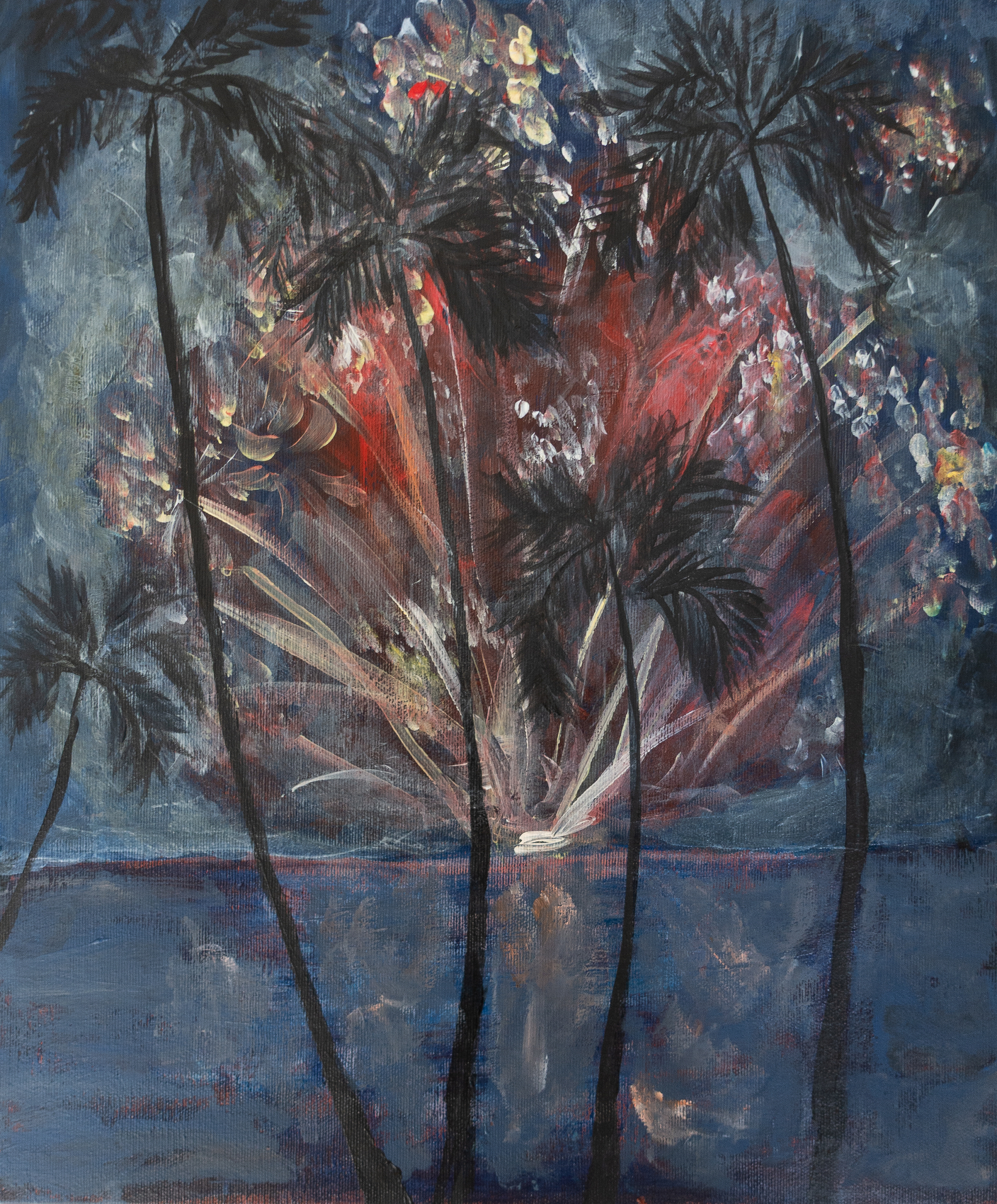 Abstract acrylic painting depicting silhouetted palm trees against a nocturnal sky with warm red and golden light breaking through dark clouds