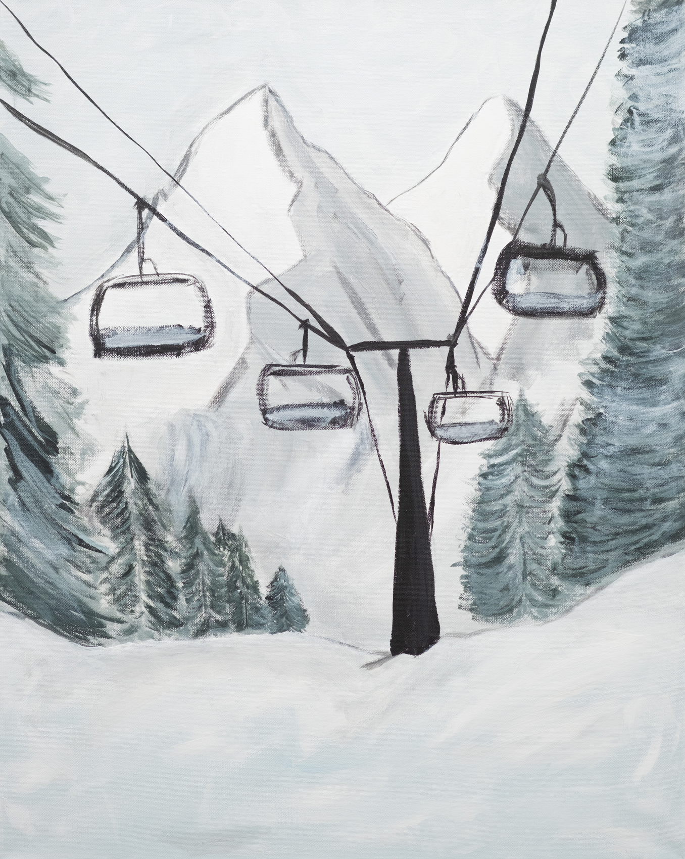 Acrylic painting of ski lift chairs suspended over snowy landscape with evergreen trees and snow-covered mountains in background