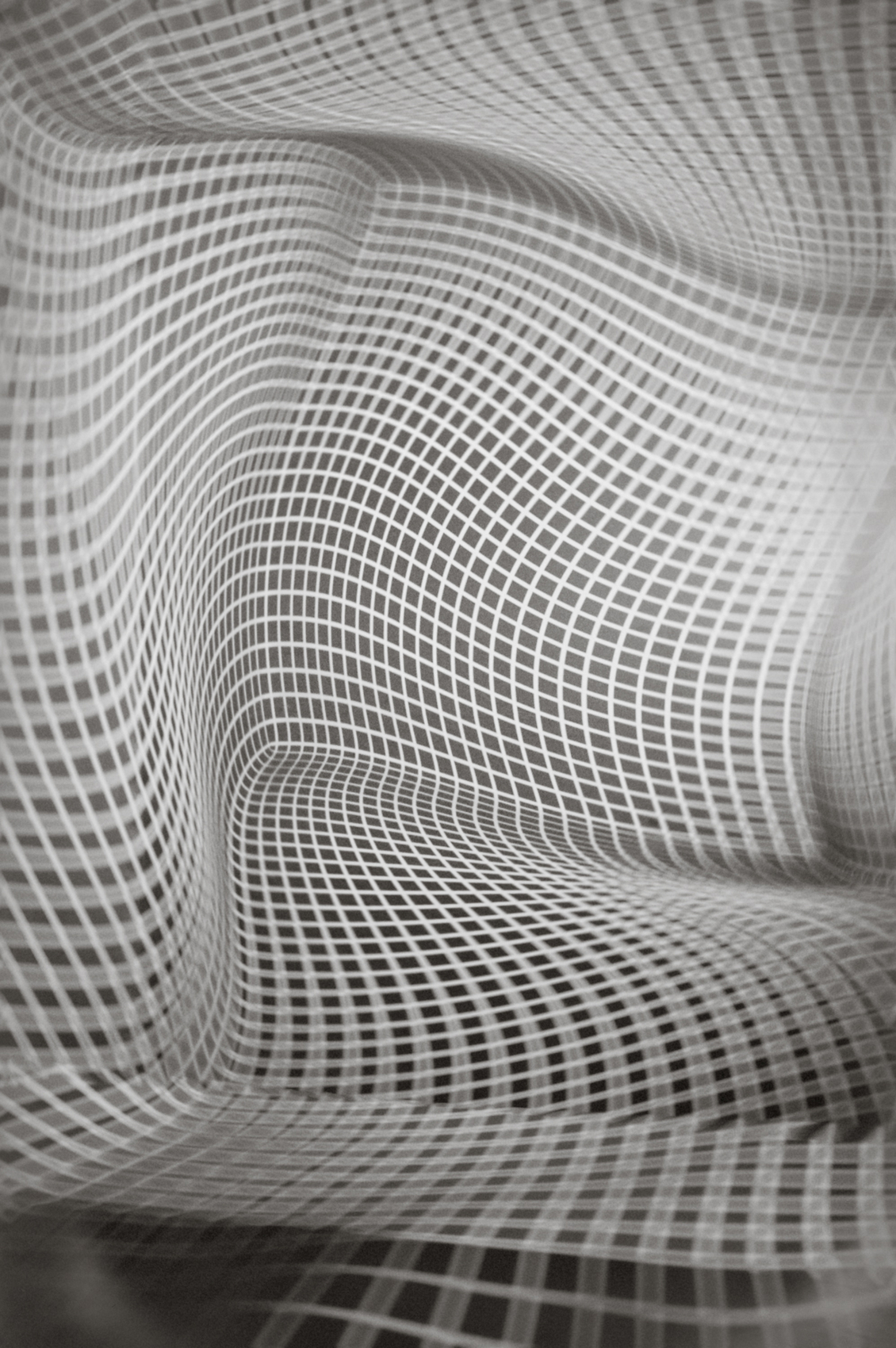 Abstract black and white gridded pattern creating three-dimensional illusion of curved, undulating surfaces and spatial depth.