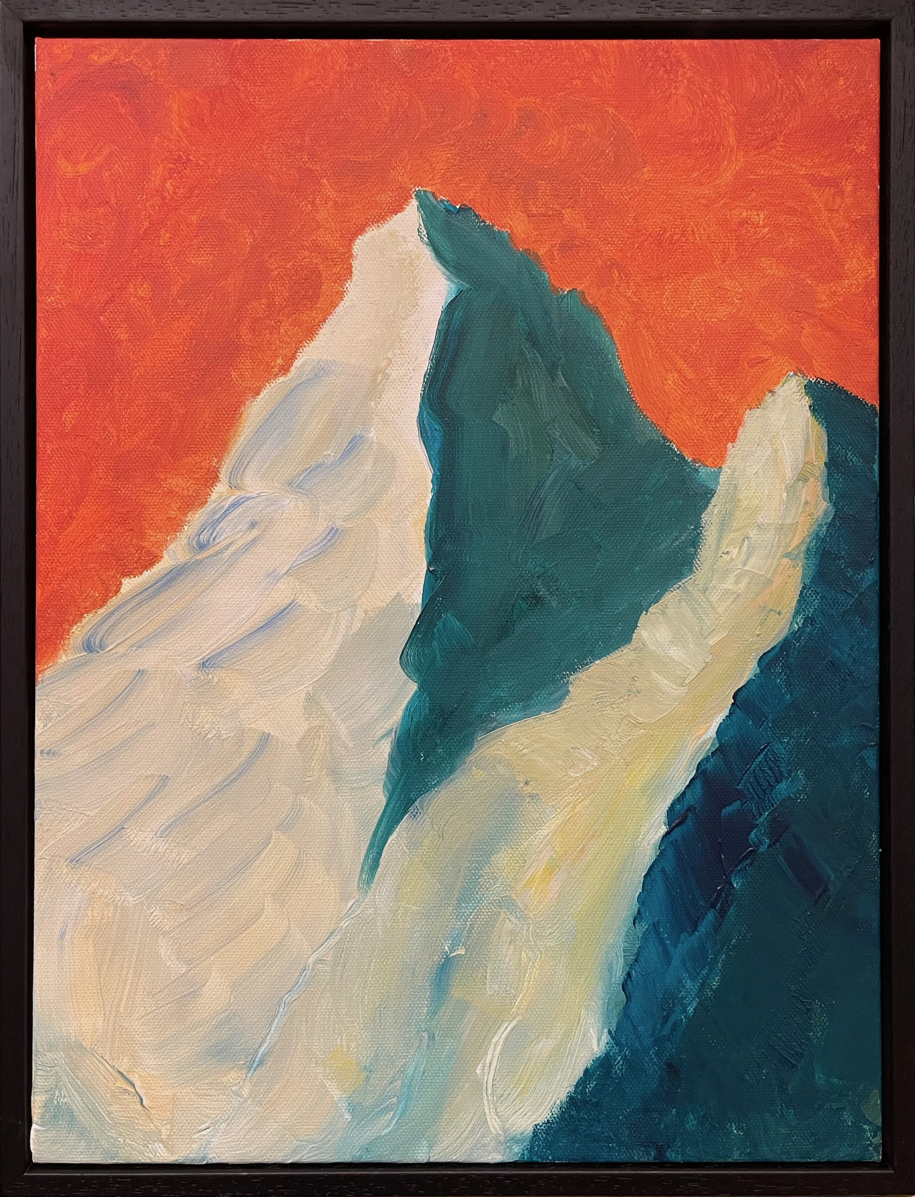 Abstract acrylic painting featuring white and teal angular rock formations against a warm orange-red background