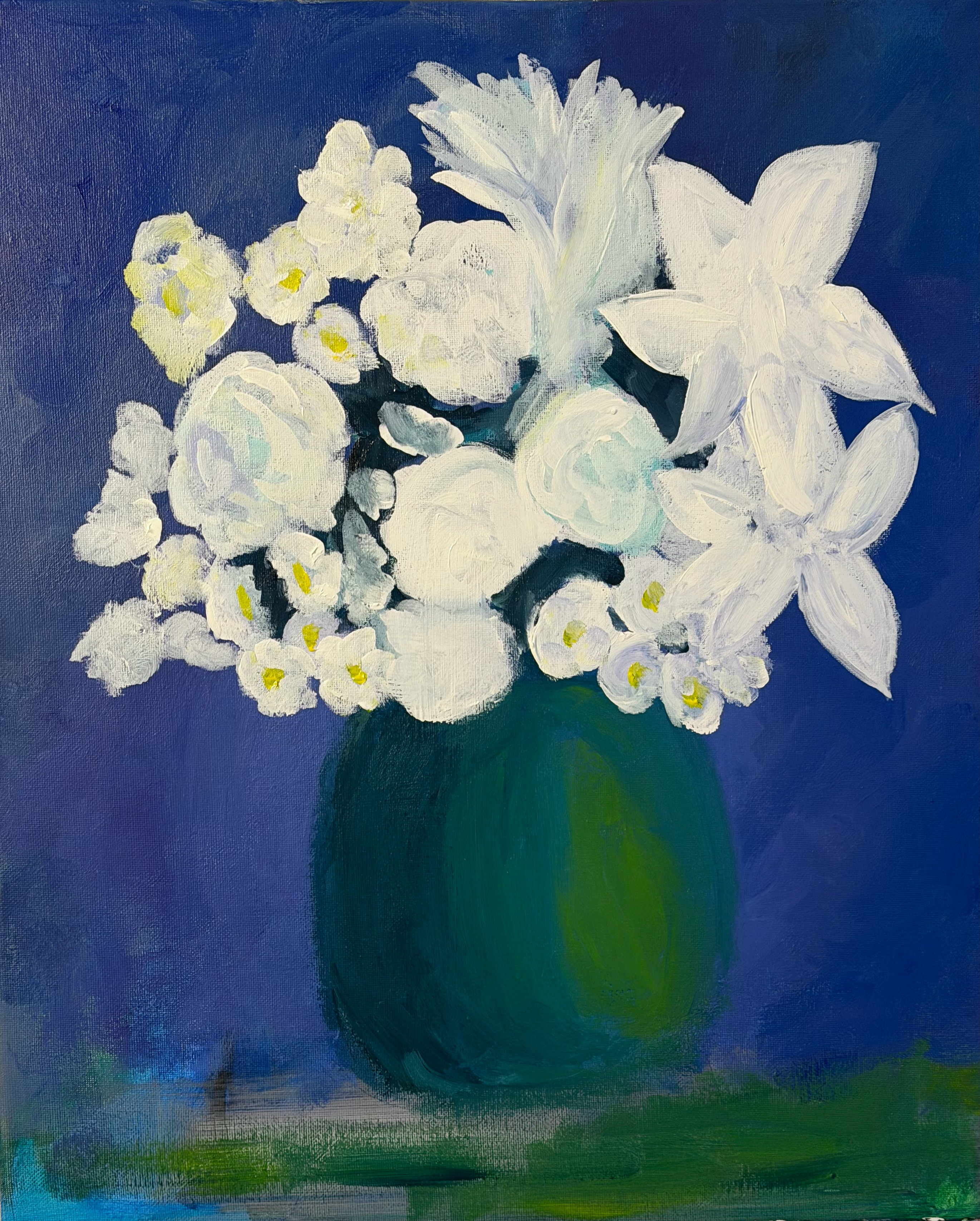 White daffodils and flowers in a green vase against a deep blue background, acrylic painting
