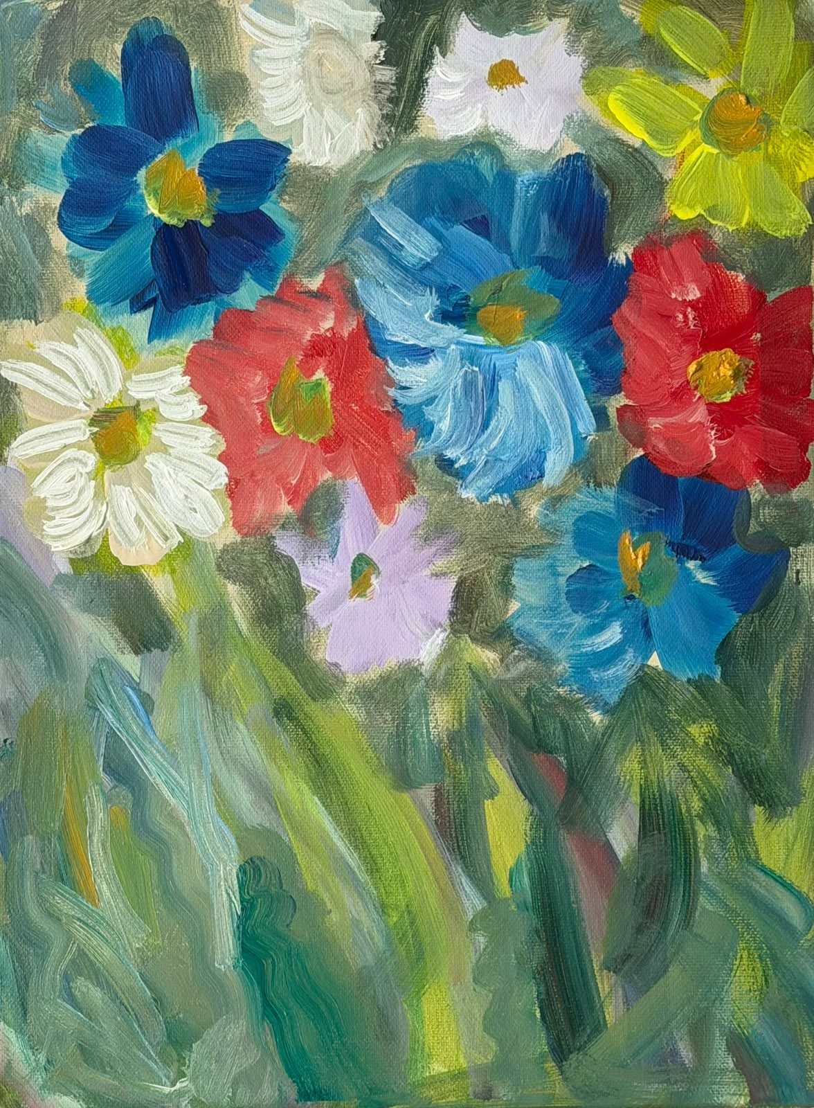 Acrylic painting of mixed flowers in blue, red, white, and yellow with green foliage and visible brushstrokes