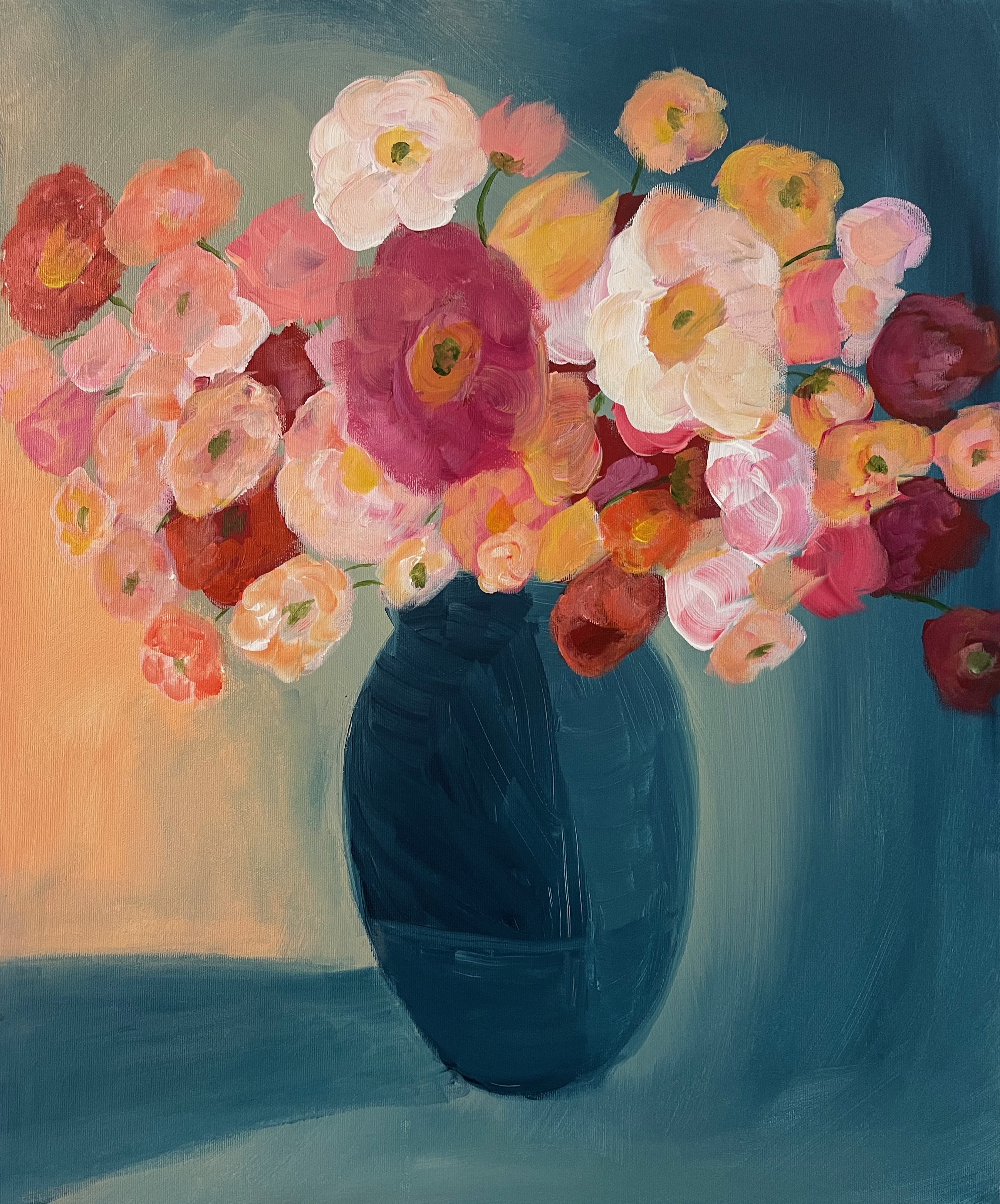 Acrylic painting of colorful flowers in shades of pink, coral, white, and yellow arranged in a dark blue oval vase against a teal background.