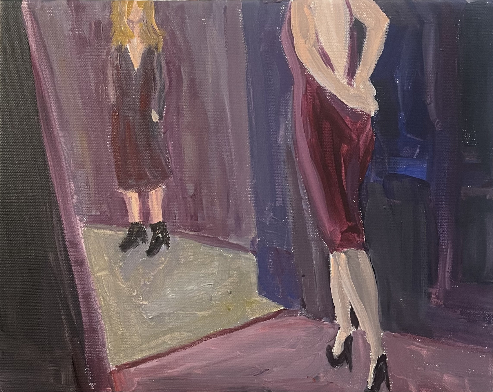 Two figures in an interior space rendered in muted purples and taupes, with soft lighting creating atmospheric shadows and definition.
